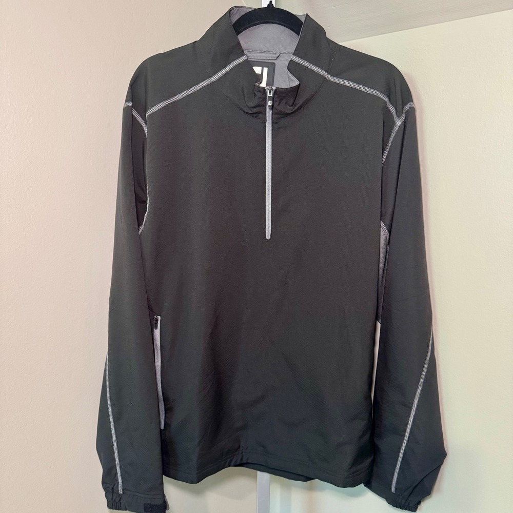 FootJoy Mens Quarter Zip Golf Pullover Jacket Black Grey Large FJ Logo Mock Neck